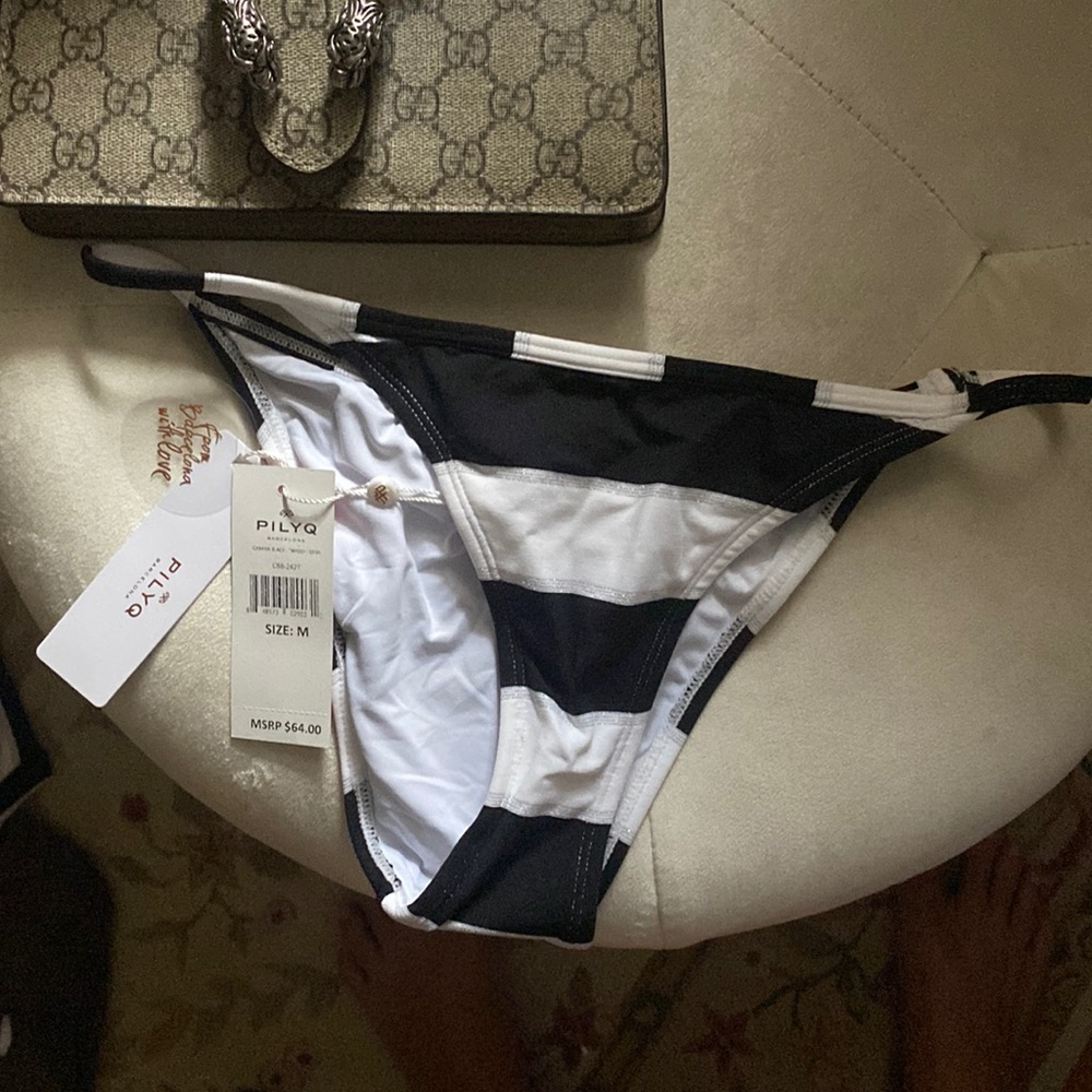 NWT pilyq black and white striped bikini bathing suit bottoms size medium